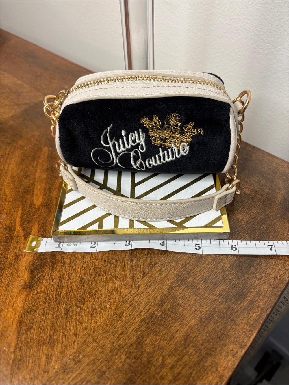 Juicy Couture Black Velvet Mini Bag with Gold Chain & Cream Trim - Picture 13 of 16